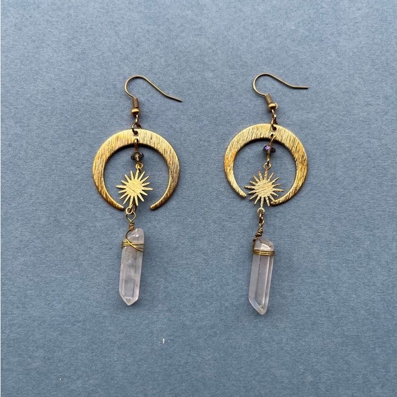 New Sun Moon Quartz Dangle Earrings - Picture 3 of 4